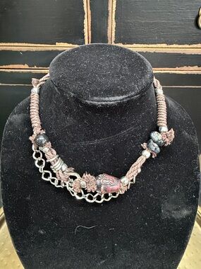 Handwoven Brown and Silver Beaded Statement Necklace